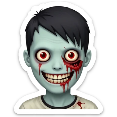 zombie boy with emo hair, white skin, and white eyes; an open smile, and bloodied teeth; sticker