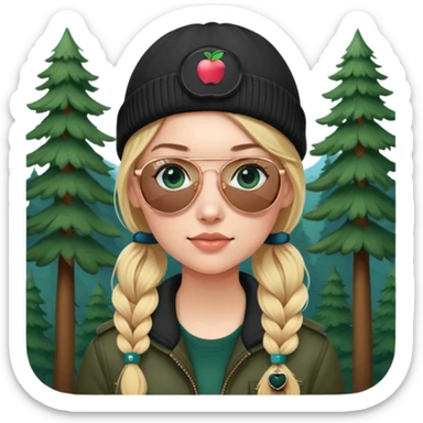 girl with pigtailed blond hair
with blue eyes and aviator sunglasses

wearing a black beanie
wearing (rose gold apple watch with forest green band) sticker