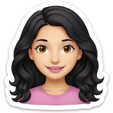 a woman is smile, her hair is long wavy and the color is black, her eyes color are brown and the color of her lip is soft pink sticker