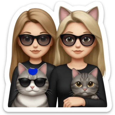 white woman with long past-shoulder light brown ombre hair, wearing black clothes and very opaque black sunglasses, smirking and looking cool, next to a single chubby grey tabby cat with very opaque black sunglasses, also smirking and looking cool sticker