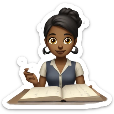 Black-haired brown girl doing statistic math, smart looking, with a book and calculator in front of her. Math and numbers spinning around her head like shes thinking sticker