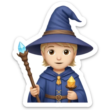 cute young wizard, big hat, holding a staff sticker