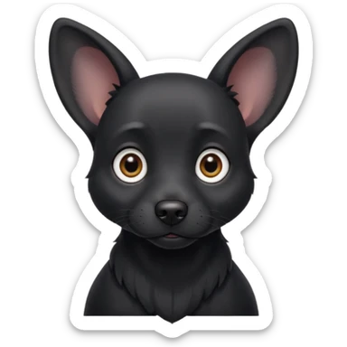 Shadow is a black dog with big upright ears and bright, expressive eyes. He has a sleek, dark coat and a calm but alert look. His face is gentle and intelligent, with a slightly curious expression. Shadow looks loyal, attentive, and a little playful, giving off both a protective and affectionate  sticker