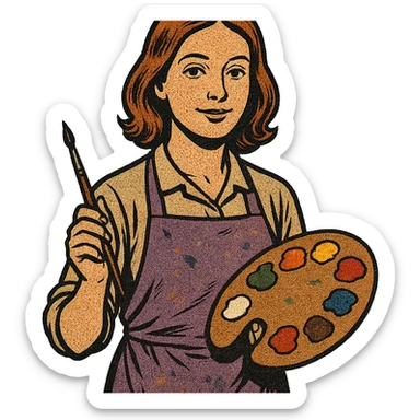 Serene female oil painter, Caucasian features, shoulder-length auburn hair, soft brown eyes, gentle smile, wearing a violet painter’s apron lightly stained with paint over a beige blouse, holding a wooden palette with vibrant colors in one hand and a brush in the other, waist-up, front-facing sticker