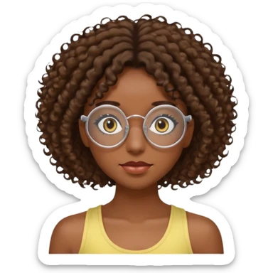 girl with dark skin and brown curly hair and clear circular lensed glasses, long eyelashes, wearing a light yellow tank top sticker
