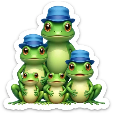 a family of frogs wearing blue hats, parent frogs and baby frogs sticker