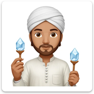 Pakistani street ice seller holding ice pick and ice cube, wearing shalwar kameez, confident, focused, 3D, shiny, minimal, iPhone emoji style, plain white background sticker