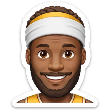 LeBron James smiling face with his iconic beard and headband sticker