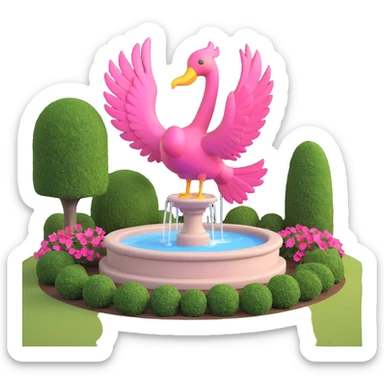 small yard with a fountain and a large pink bird sculpture sticker