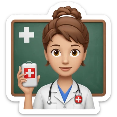 happy teacher with white board brown hair updo, first aid shirt sticker