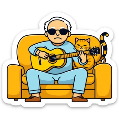  older blind man playing guitar  on the couch with his golden cat  sticker