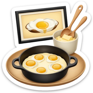 A carton of eggs, butter and a cream ceramic baking bowl with a wooden spoon in it sticker