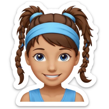 A girl with a messy ponytail, she’s tanned blue eyes and brown hair with a headband on sticker
