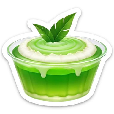 Cinematic Realistic Coconut Pandan Jelly Dessert Emoji, showcasing a delicate, translucent jelly infused with coconut and pandan rendered with lifelike detail and soft, tropical lighting. sticker