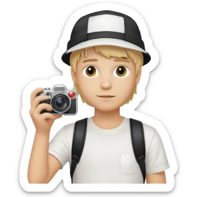 Young male, holding camera, white t-shirt, cap, blond hair sticker