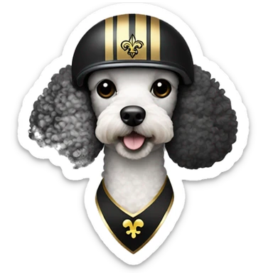 Poodle wearing a black football helmet with gold stripe and gold fleur de lis emblem sticker