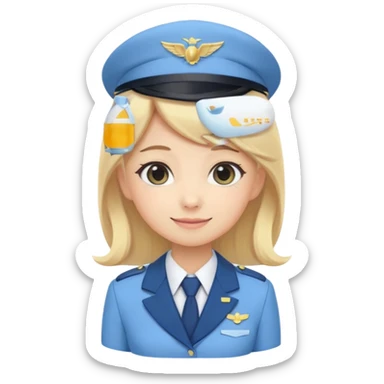 Cute emoji-style Japanese flight attendant, blonde long hair , pastel blue airline uniform, kawaii cartoon style, big eyes, simple clean lineart, pastel colors, chibi proportions, friendly smile, sticker/emoji, transparent background sticker