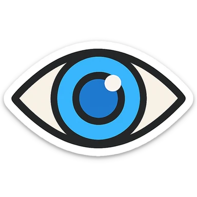 blue eyeball icon with black outlines, lineal color style, transparent background, hint of reflection sticker