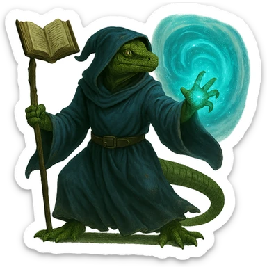 Add a floating magic book to the lizard man wizard, keeping the fantasy magical style. The image should have no background. sticker