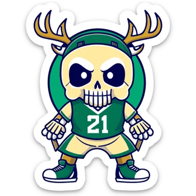 cool skull in Milwaukee Bucks basketball team colors (dark green, cream, and blue) sticker