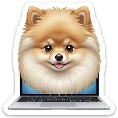 A cute Pomeranian dog working on a MacBook, viewed from a slight front angle, showing the full top cover with the Apple logo sticker