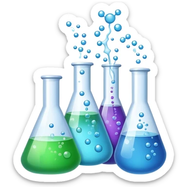 An icon featuring laboratory flasks with tubes, symbolizing chemistry. The design includes liquid and powder substances, a chemical reaction with bubbles, and molecular formulas, representing chemical processes like hydrolysis. Transparent background sticker