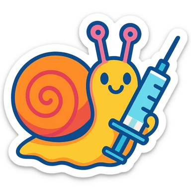 a fun and lighthearted cartoon snail holding a syringe, vibrant toon style, colorful and cheerful sticker