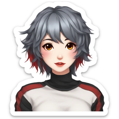 Gorgeous anime style lady with blushing face aesthetic and pretty edgy black red punk hair with hair garment trending style sticker