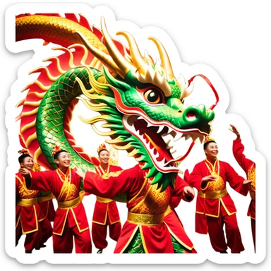 Cinematic Realistic scene of a Chinese Dragon Dance featuring performers energetically holding a vibrant dragon model aloft, with intricately detailed scales and dynamic flowing costumes, illuminated by festive red and gold lighting that captures the spirit of celebration. sticker