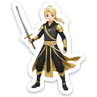 Aether (from Genshin Impact) (male) (anime style) (with black and golden clothes), (white and golden scarf), (long blonde braided ponytail), (wielding a sword), (full body) sticker
