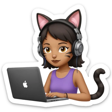 black girl who works remotely through a laptop with cat ear headphones sticker