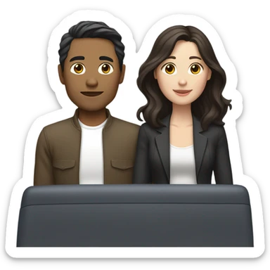 A pale half Asian man with short dark hair and white woman with long wavy brunette hair driving together sticker