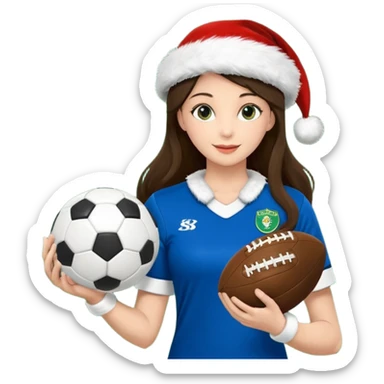 3 atletas, um homem no meio e duas mulheres com cores de pele diferentes, usando elementos esportivos, bola de futebol, luvas de luta e bola de vôlei. Coloque um chapéu de papai noel das cores verde e com uniforme azul e branco sticker