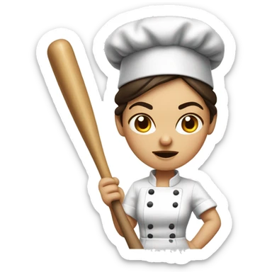 angry brunette chef with a hair bun, holding a baseball bat sticker