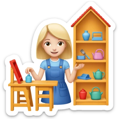 smiling girl arranging furniture in doll house sticker