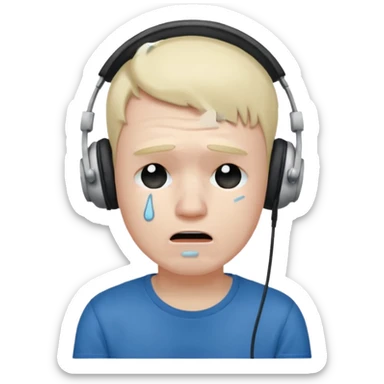 Male, crying, wearing headphone having mic, t-shirt 
 sticker