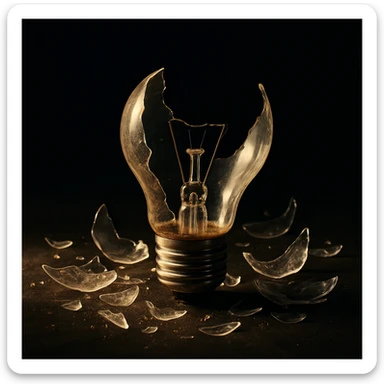 a broken, shattered lightbulb with glass shards, dramatic and expressive lighting sticker
