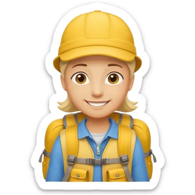 Cartoon explorer wearing a yellow cap and yellow backpack, casual outdoor outfit sticker