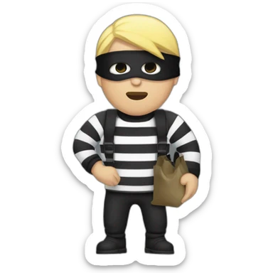 robber with blonde hair wearing a black beanie and a long sleeved white and black horizontally striped t-shirt and wearing black eye mask and holding and a bag of money in their left shoulder sticker
