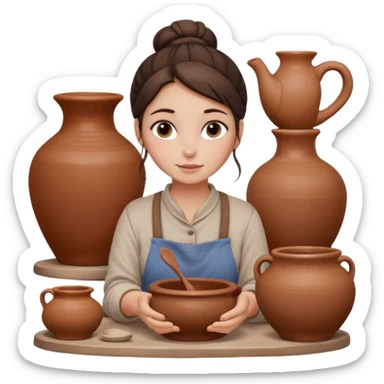 Brunette girl with a bun, behind the potter's wheel, wearing neutral clothing sticker