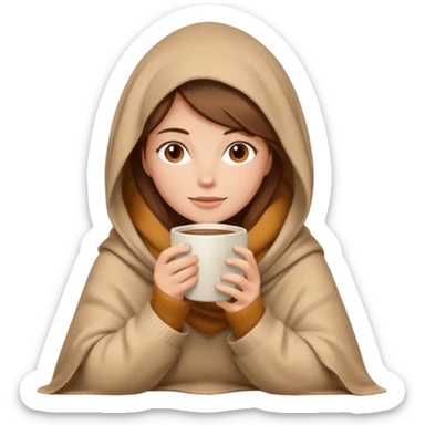 brown hair woman sitting under beige blanket, with a blanket over his head, holding cup of coffee, autumn mood sticker