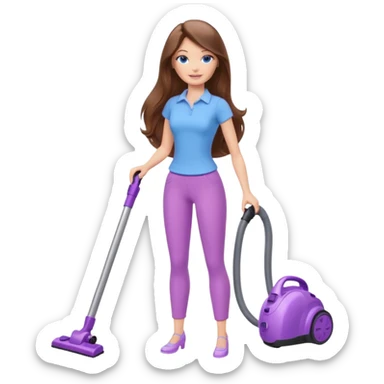 beautiful barbie girl with long brown hair, blue eyes and wearing light purple clothes, cleaning and vacuuming sticker
