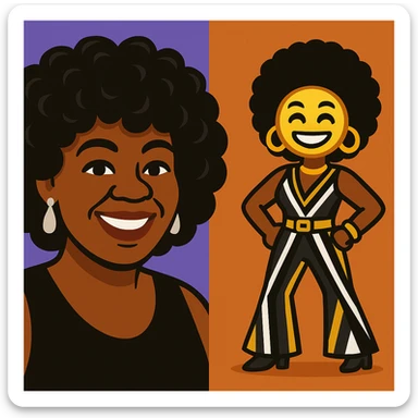 Create another emoji of this lady in a 1970s disco theme, using a color palette of black, silver, gold, and white. Show her with a big smile, hands on hips, in a 70s jumpsuit and matching accessories, in a vibrant toon style. sticker