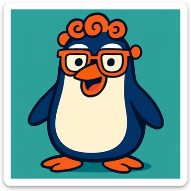 colorful illustration of a penguin with curls on the head, glasses, and a funny appearance sticker