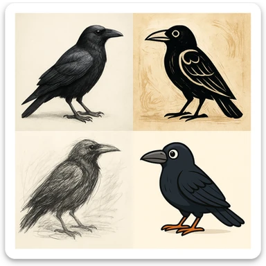karga, farklı stillerde, çeşitli çizim tarzları sticker