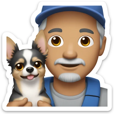 man with blue eyes gray hair and goatee wearing ball cap holding chihuahua with long black hair sticker