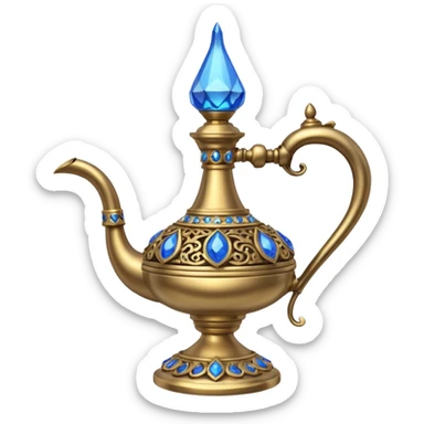 a genie lamp with blue gems and a DD carved sticker