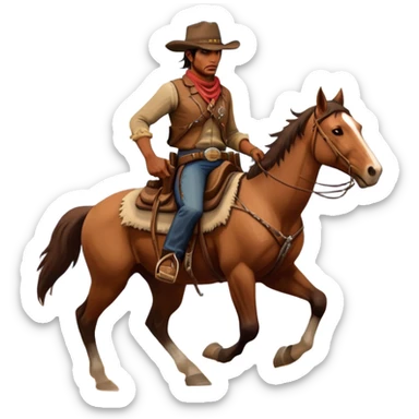 An icon representing an adventure game, inspired by Red Dead Redemption II. The design features a rugged cowboy riding a horse through a vast, open landscape with mountains, deserts, and wild animals. The atmosphere conveys exploration, action, and the thrill of the journey. Transparent background sticker