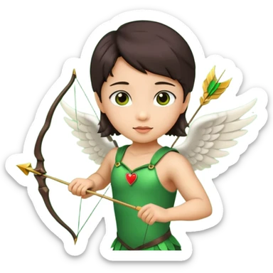 cupid flying with wings asian with brown eyes and dark hair handled bow and arrow directed to green emoji heart sticker