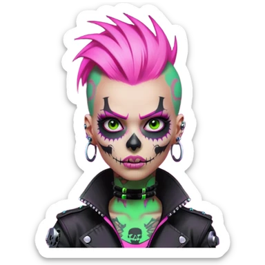Cyberpunk female punk, pink mohawk, skull face tattoos, bionic neck, aggressive expression, neon green lighting sticker